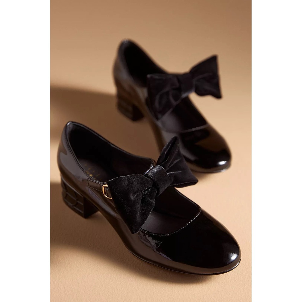 Cecelia Smile Black Patent Leather Velvet Bow Mary Jane Heels 6 Ballet Coquette
